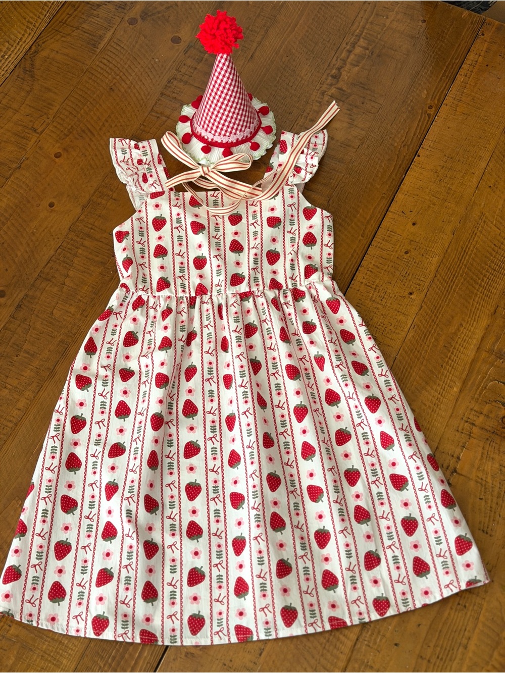 Birthday Party Dress/Sundress with Red Strawberry Print and birthday hat - Picture 7 of 16